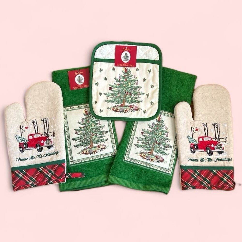Spode Christmas Tree Oven Mitts Towels Bundle NEW
